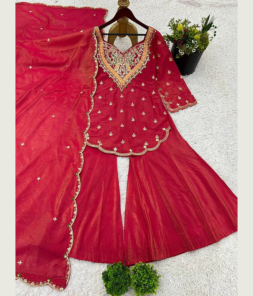 BHAGYASHARY Women Silk Embroidered Ethnic Motifs Kurti With Alladin Salwar ( Pink ) view 2