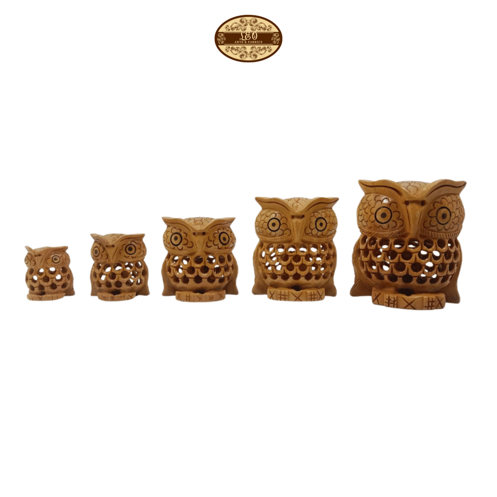 Handcrafted Wooden Owl Family Figurines, Set of 5, Jali Undercut Design, 3.5cm to 8cm view 2