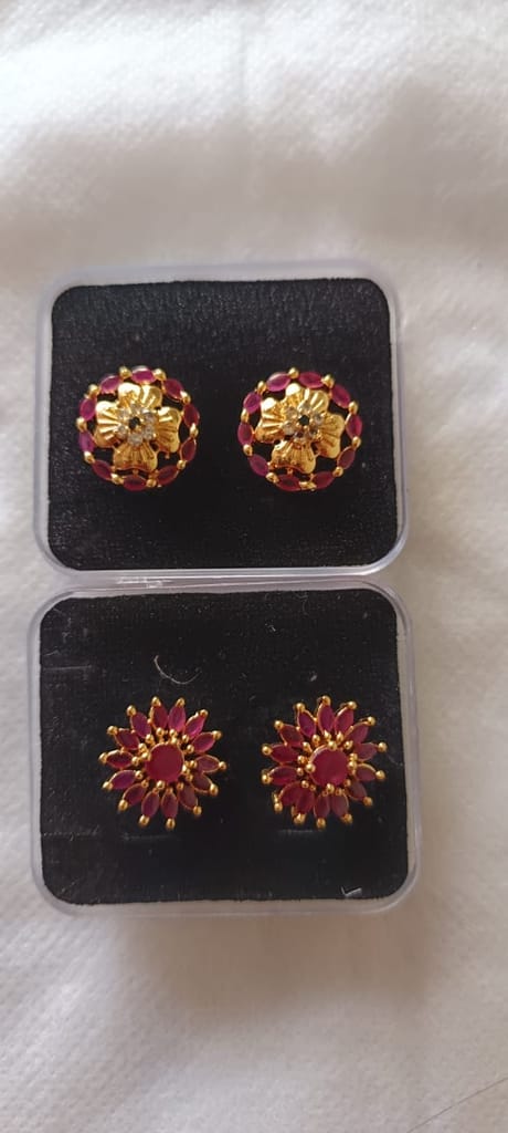 14KT Gold Plated Ruby Flower Stud Earrings view 2