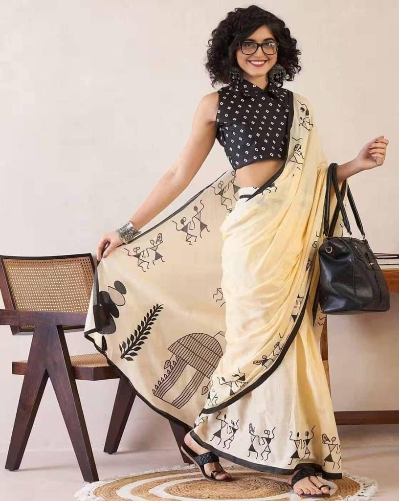 Women's Light Yellow Warli Print Cotton Saree with Black Blouse