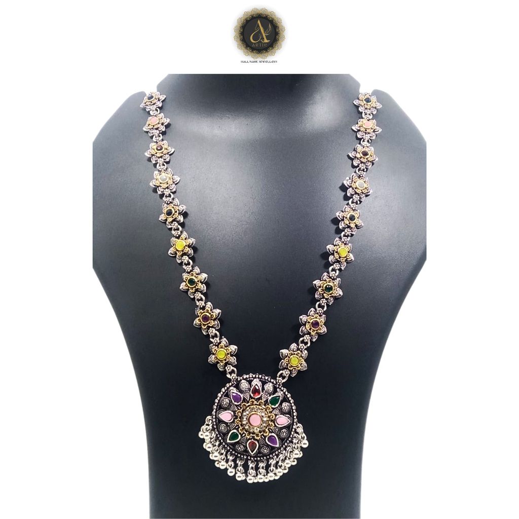 ARTIK HALLMARK Luxury Handcrafted Necklace Jewellery Set with Ear Rings, Oxidized, Round Pendant, Multi AD, Center stone Light Pink view 2