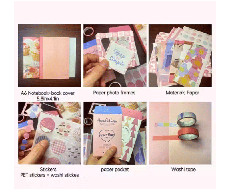 BIGMOTHERS Vintage Aesthetic Scrapbook Kit (346 Pieces) with A6 Grid Notebook, Journaling & Scrapbooking Supplies – Pink view 2