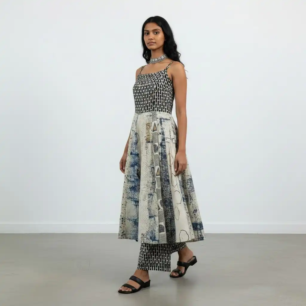 Handloom Cotton Co-Ord Set in Black and Off White with Mirror Work view 2
