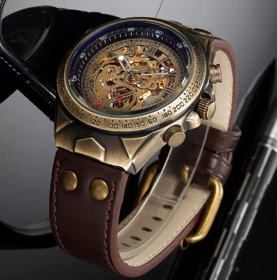 Forsining Genuine Leather Série Mystère d'Art Vintage Engraved Rotatable Bezeled Self Winding Automatic Tourbillon Blue Moon Mechanical Analog Watch - For Men view 2