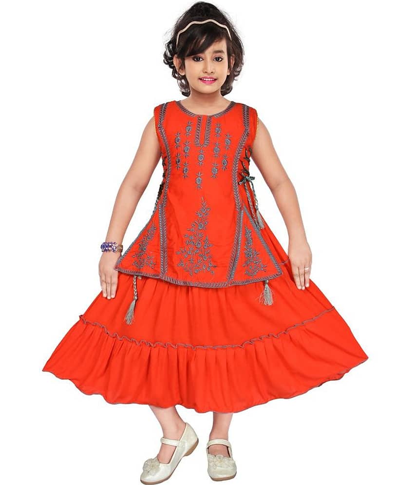 M.MONGELA DRESSES Cotton Blend Fit And Flare Dress For Girls ( Pack of 1 , Orange )