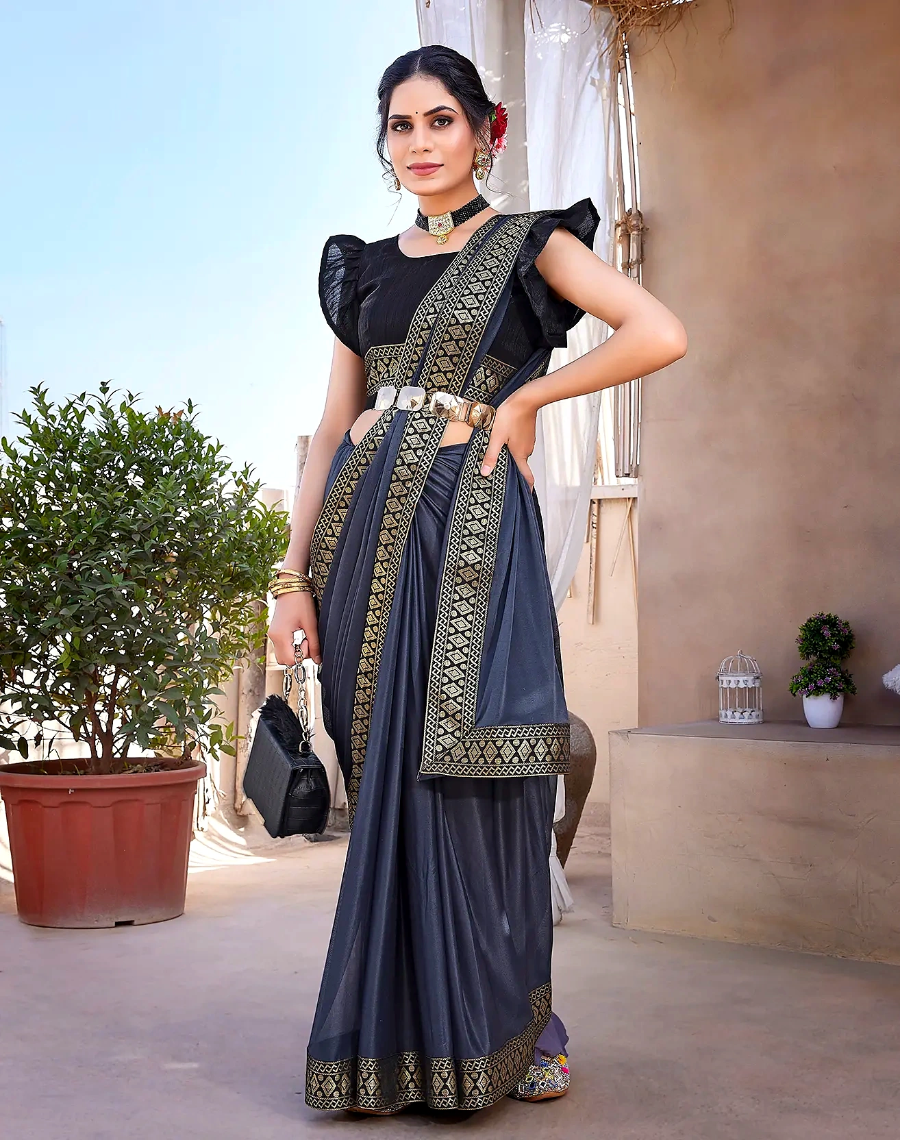 Lycra Saree with Lace Border (Color - Grey) by SHIV TEXTILES view 2
