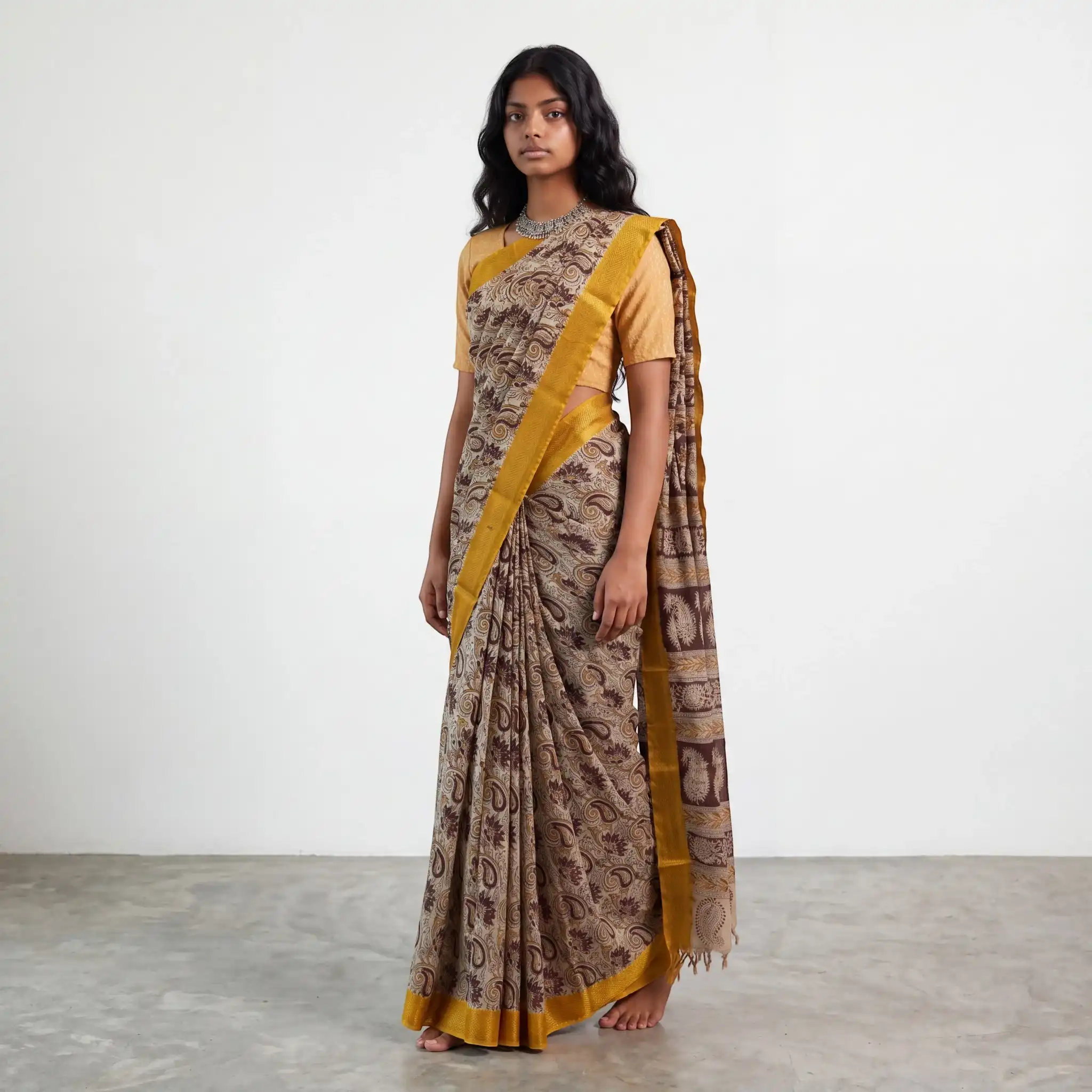 Pedana Kalamkari Block Print Saree Beige Motifs view 2