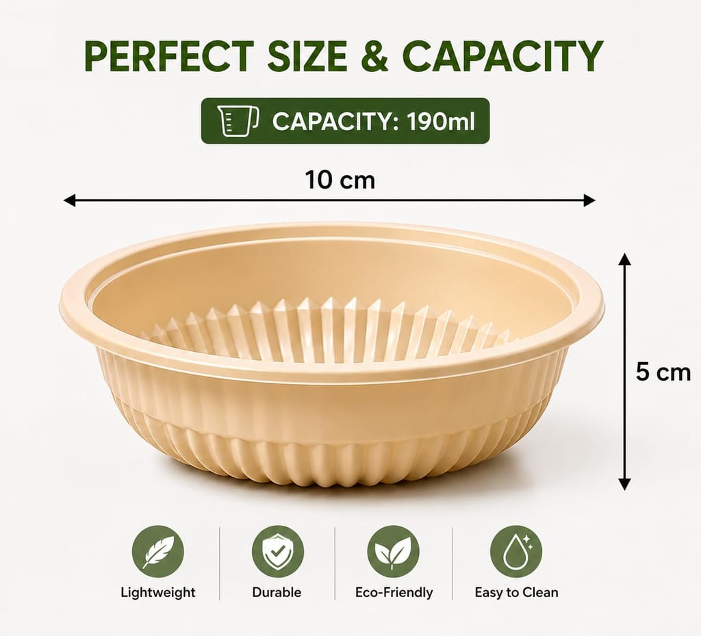 Eco-Friendly Cornstarch Disposable Bowls 190 ml (Pack of 25) – Biodegradable & Compostable, Leak-Proof, Microwave Safe, Plastic-Free Small Bowls for Soup, Curry, Dessert, Party Use (4 Inch) view 2