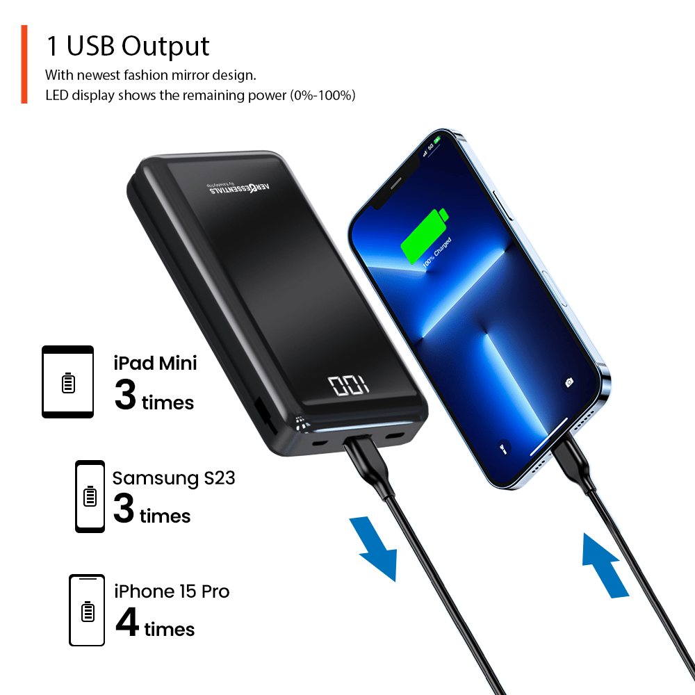 Aeroessentials Charge Mate DX06S Power Bank, 20000mAh, 3-in-1 Built-in Cable, Digital Display, Black view 2