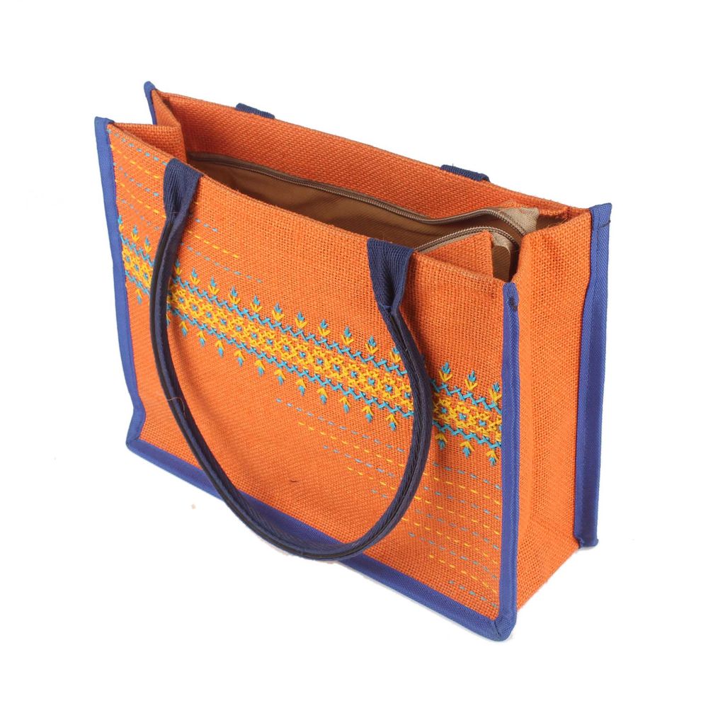 Tribes India Hand Embroidered Orange Jute Handbag view 2