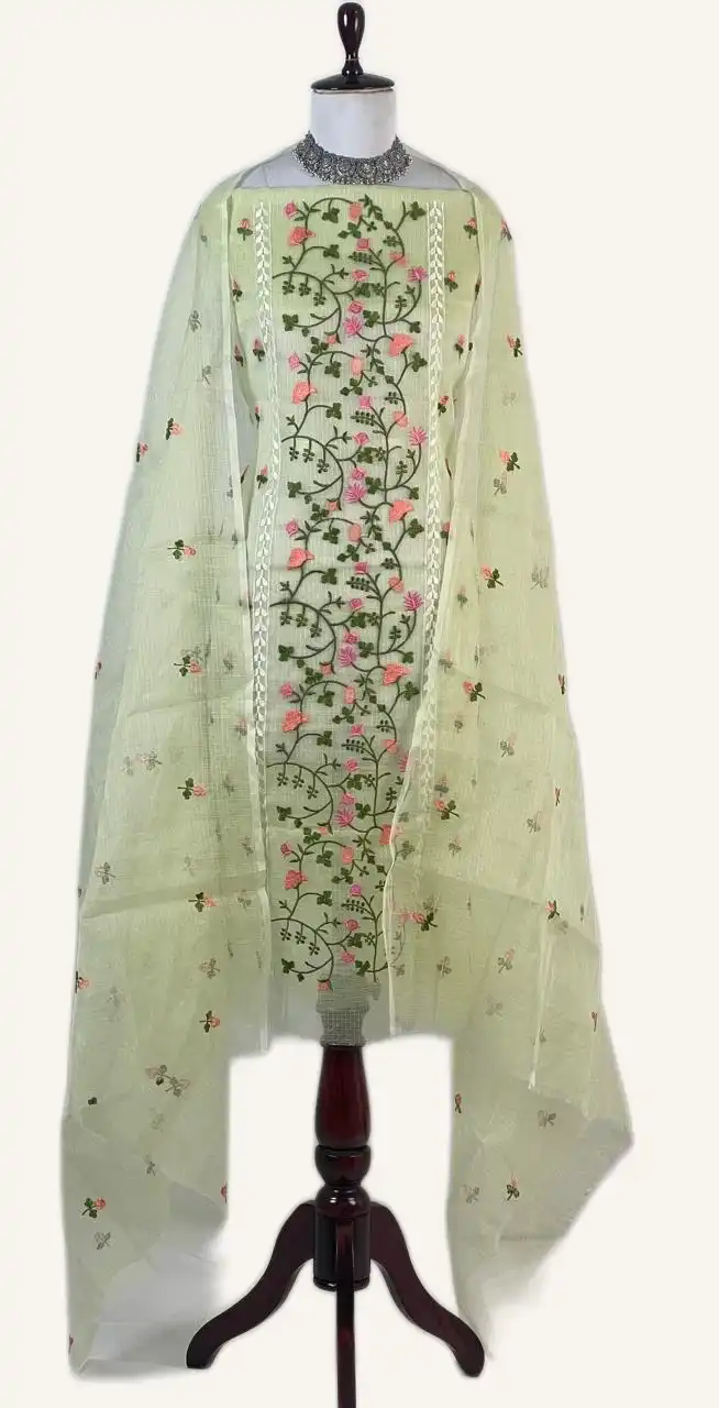 Kota Doria Dress Material Pista Green Floral Jaal view 2