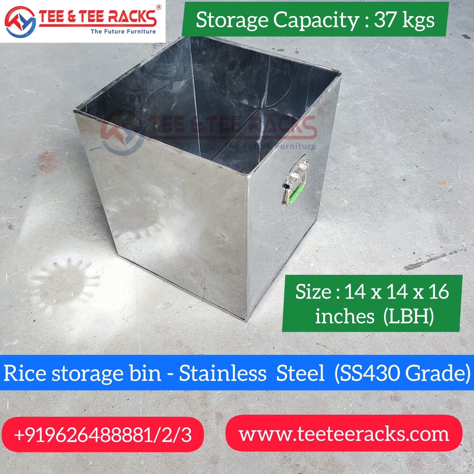 Rice Stainless Steel Storage Bin - 37 Kg Capacity