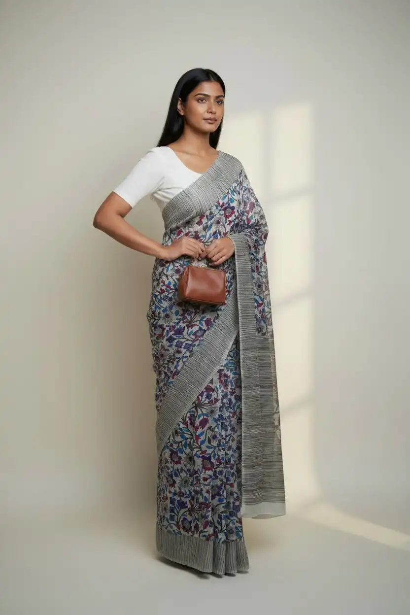 Grey Sambalpuri Baandha Ikat Handloom Cotton Saree with Blouse view 2