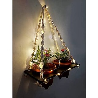 Khush Its Amazing Plant Macrame Hanger Shelf Indoor Hanging Planter Shelf Plant Hanger Shelf Boho Home Decor Cotton Rope with LED Light (Black) view 2