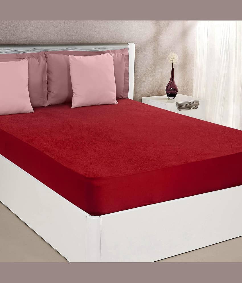 GURU SALES - Cotton Terry Water Proof Double Bed Mattress Protector - 183 cm (72") x 198 cm (78") - Maroon