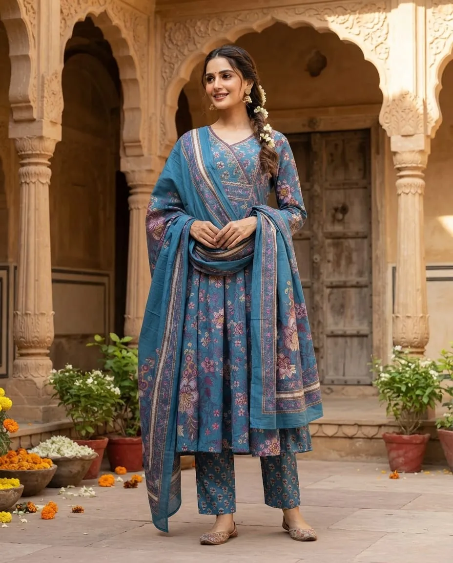 Teal Blue Floral Angrakha Kurta Pant Dupatta Set