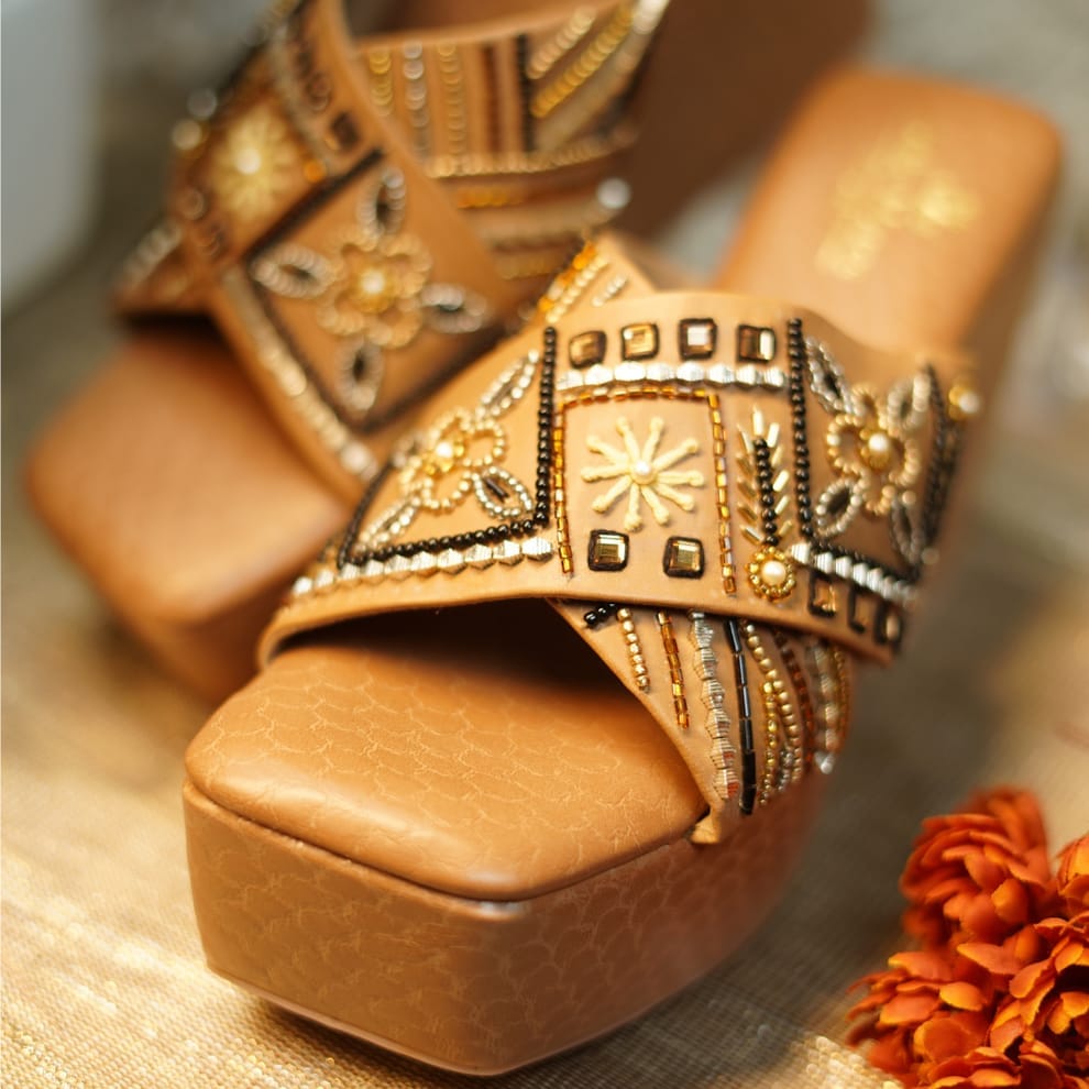 Women's Beaded and Embroidered Wedges with Cross Over Straps and Platform Soles view 2