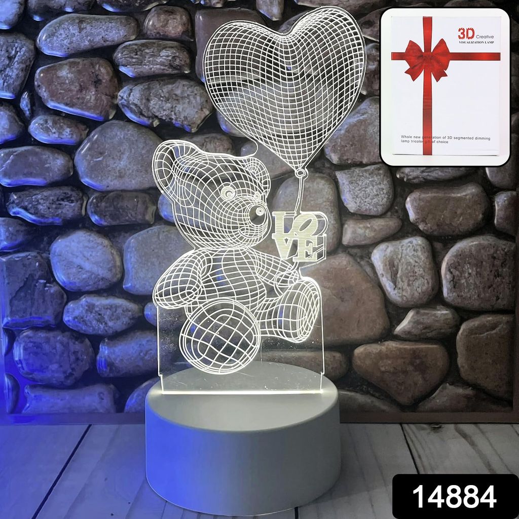 3D Illusion LED Night Lamp with Teddy Bear Holding Heart Design view 2