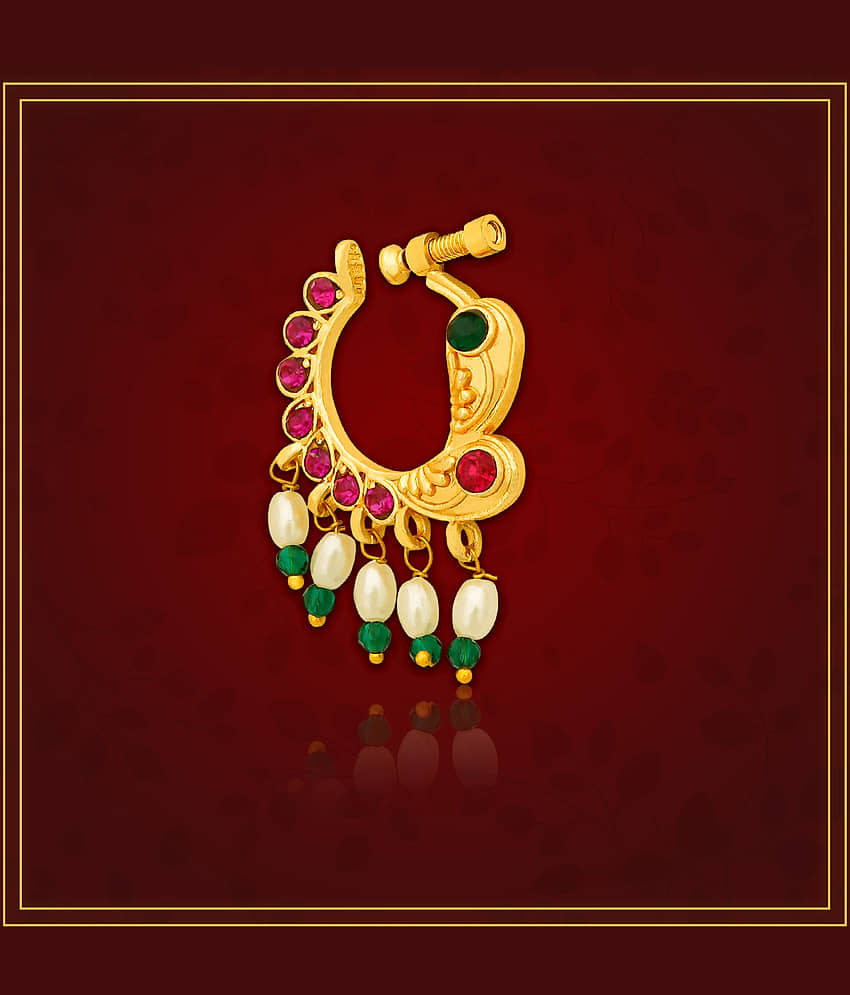 Traditional Maharashtrian Style Gold Plated Nath Nose Ring For Women And Girls view 2