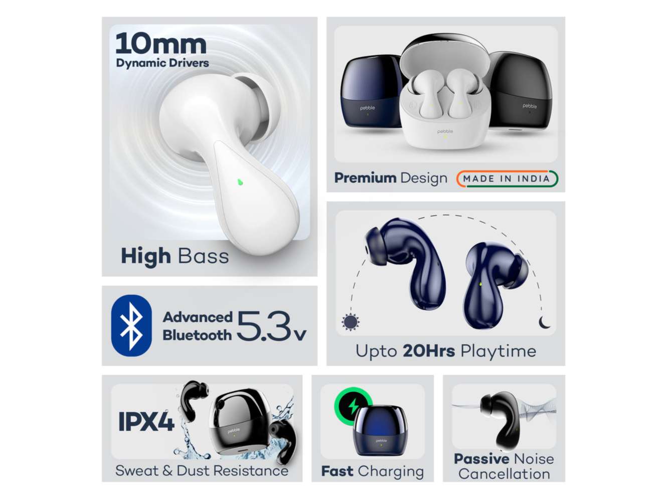 Pebble Wave Buds High Bass Clear Sound Quality, Passive Noise Cancellation, 10mm Dynamic Drivers, Premium Design, Up to 20Hrs Play time, IPX4 - Black view 2