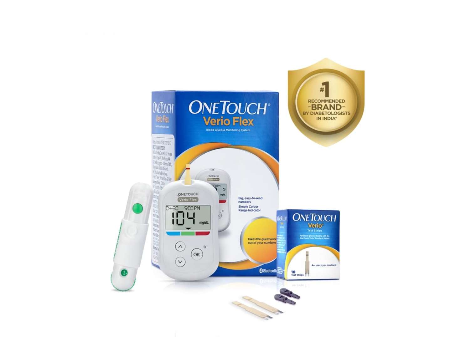 OneTouch Verio Flex glucometer machine, Sync your results with OneTouch Reveal mobile app, Simple & accurate testing of blood sugar levels at home, Global Iconic Brand