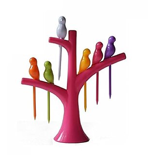 Birdie Plastic Fruit Fork Set with Stand 6-Pieces Multicolour view 2