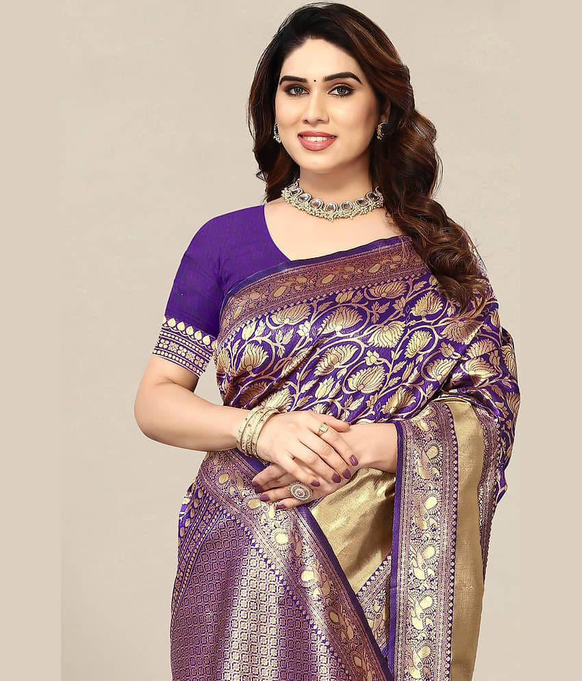 Om Shantam Sarees Banarasi Silk Embellished Saree With Unstitched Blouse Piece ( Multicolour ) view 2