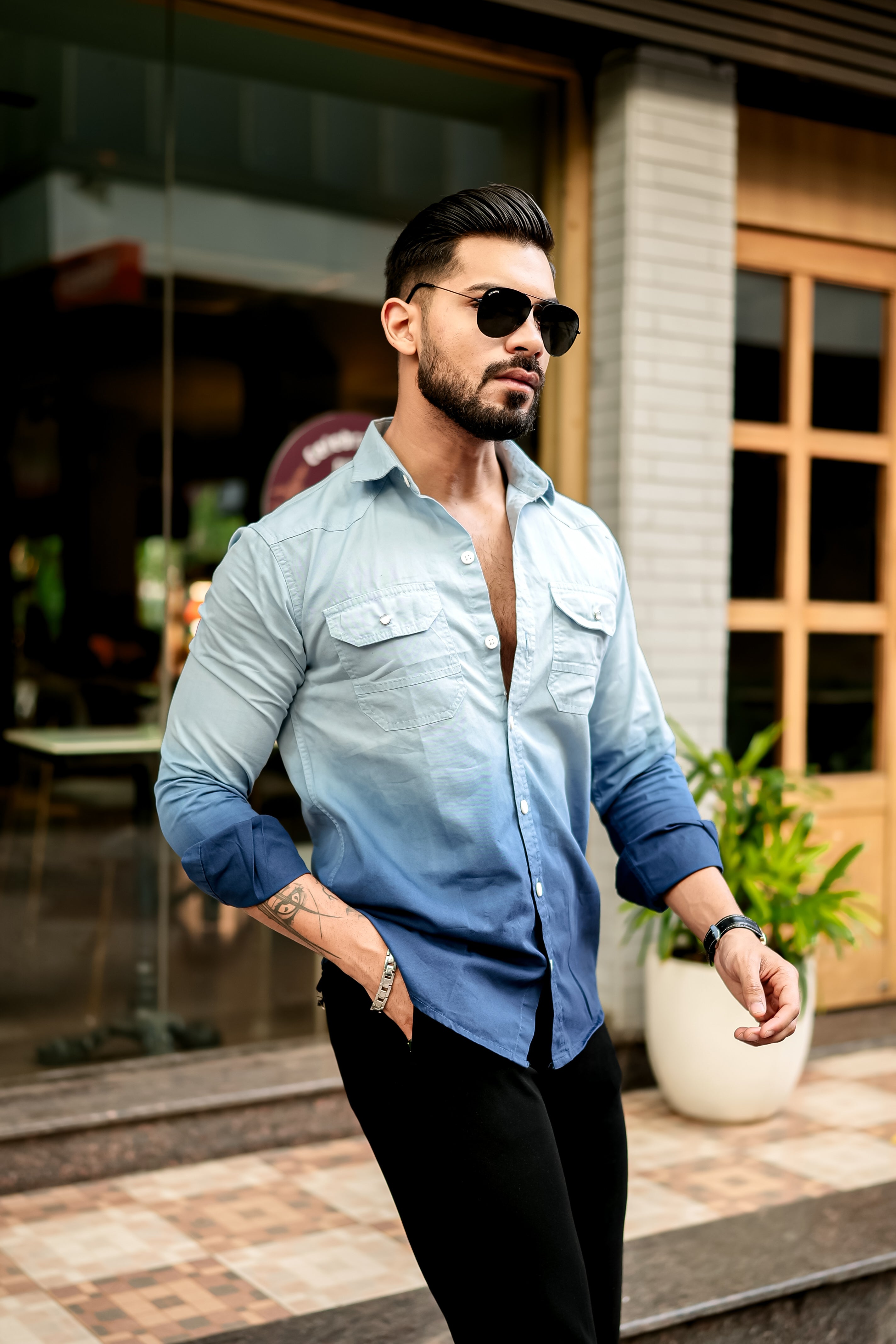 Sky Blue Double Shade Cotton RFD Designer Shirt view 2