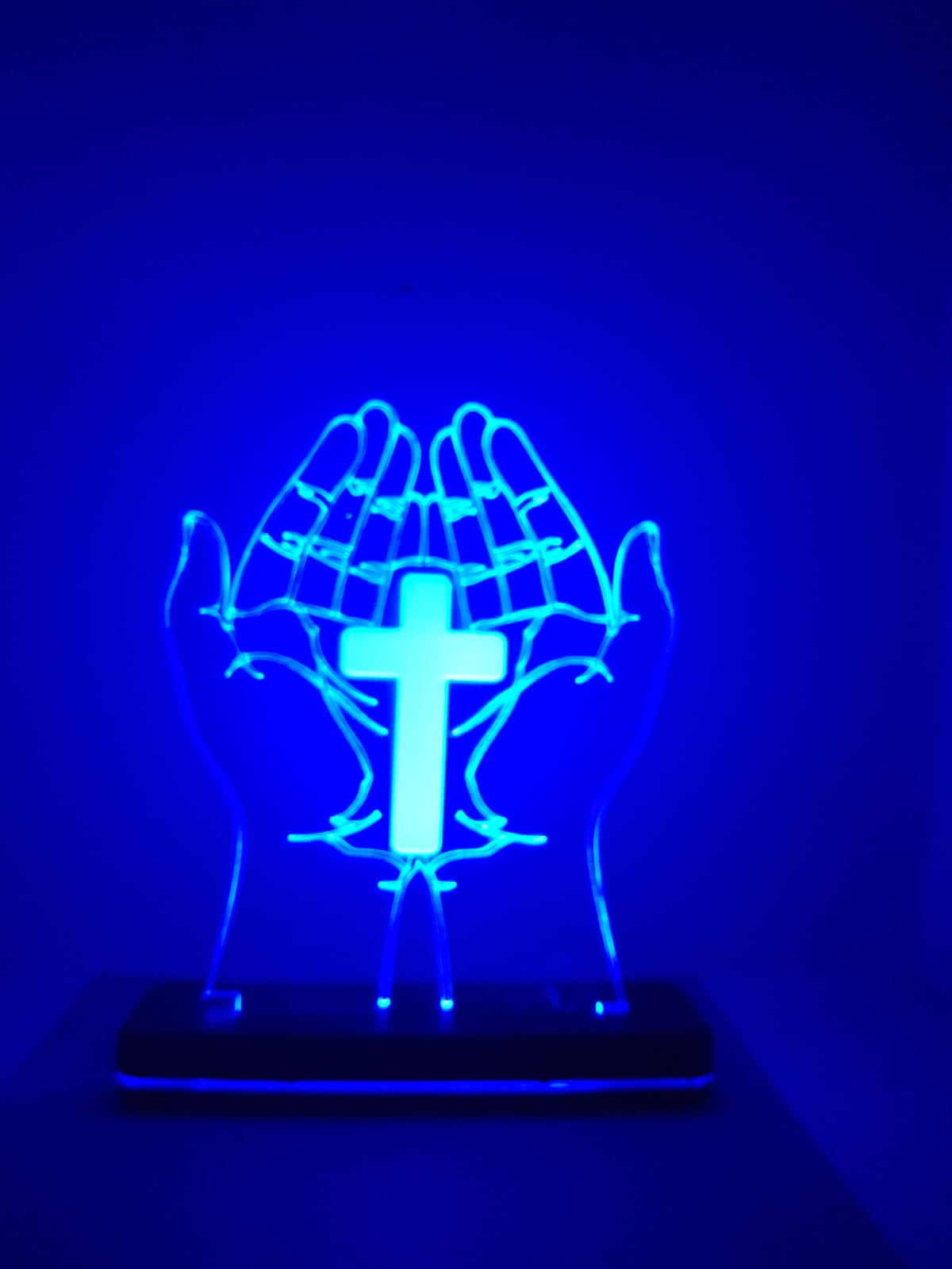 Christmas gifting Acrylic jesus with cross in palm .LED rgb lightnwith chargeable base A view 2