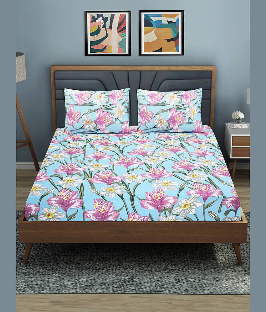 Home Candy Microfibre Floral 1 Bedsheet with 2 Pillow Covers - Blue view 2