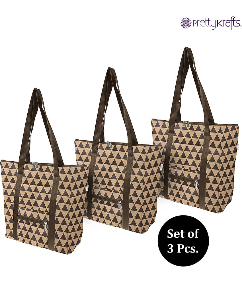 PrettyKrafts Beige Shopping Bags - 3 Pcs view 2