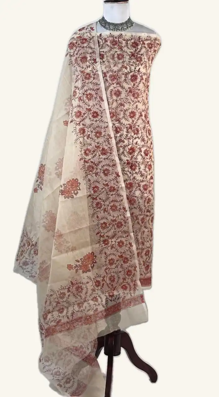 Kota Doria Dress Material Rust Red Floral Jaal