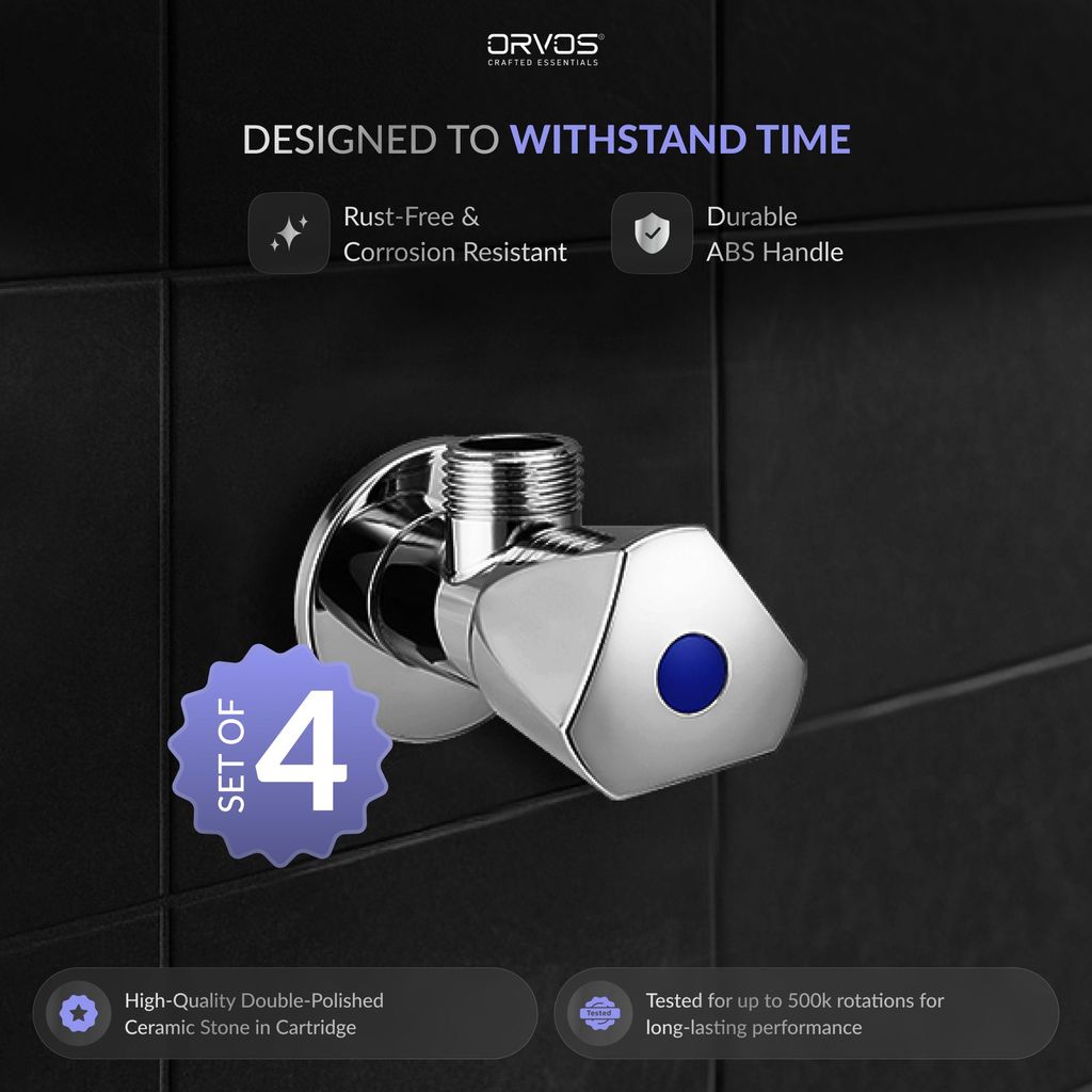Orvos Angle Valve, Triangular, Premium 304 Stainless Steel Chrome Plated Body with Full Brass Cartridge Inside, Set of 4, for Hot & Cold Supply to Geysers, Sinks, Basins and Flush Tanks view 2
