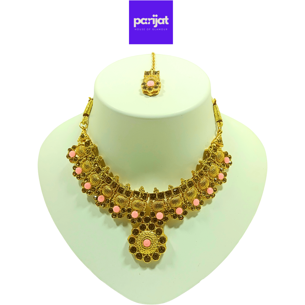 Parijat Elegant Luxury Handcrafted Gold Plated Necklace Jewellery Set with Earrings And Mangtika, Baby Pink Stone view 2