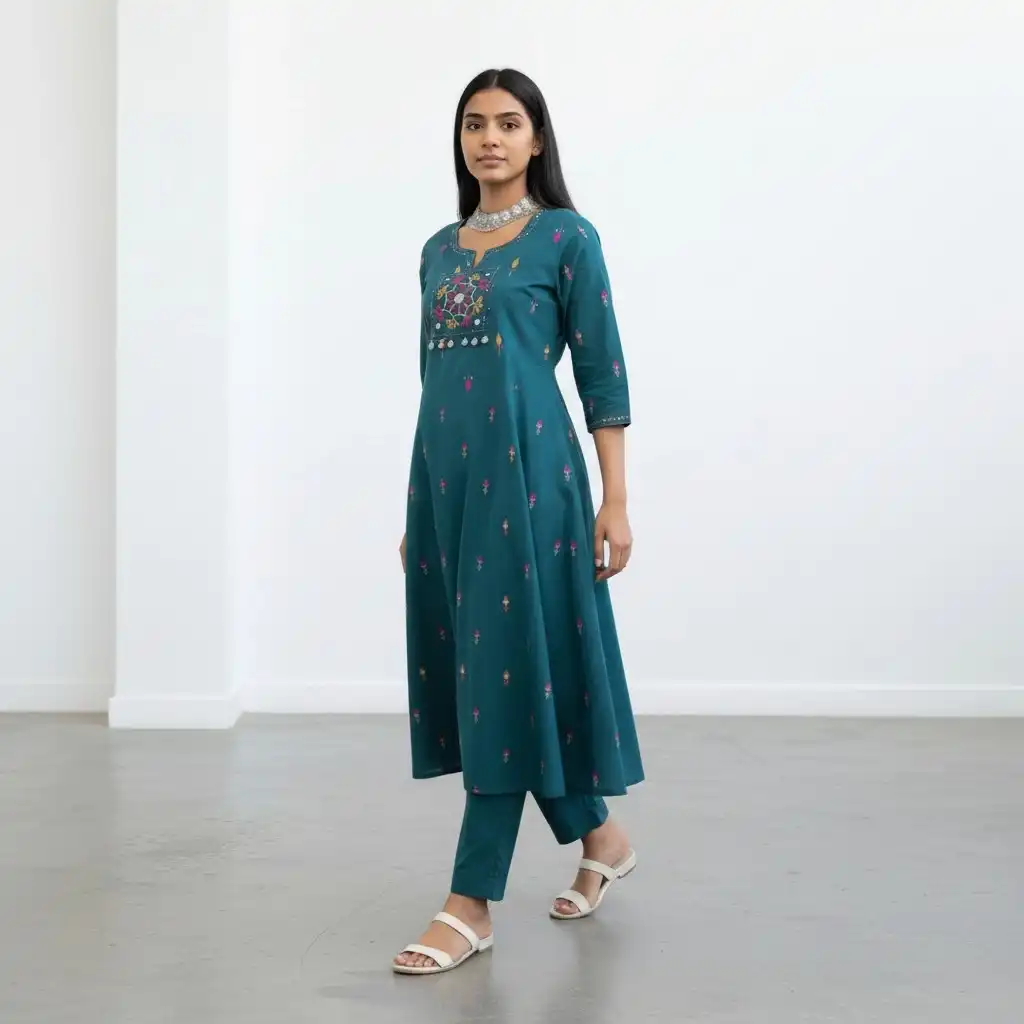 Handloom Cotton Co-Ord Set in Dark Teal with Mirror-Work Embroidery view 2