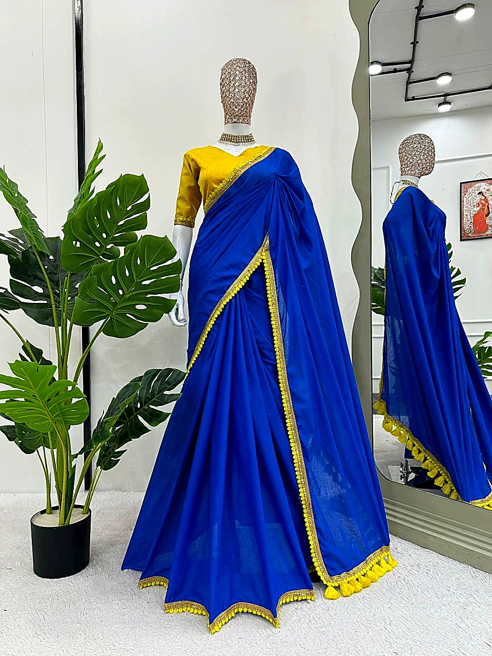 Blue Beauty Mulmul Cotton Saree with Pompoms (Color - Blue) by SHIV TEXTILES view 2
