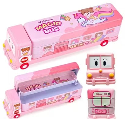 2-in-1 Cartoon School Bus Pencil Box with Wheels & Sharpener – Compass Box Toy for Kids (Pink) view 2