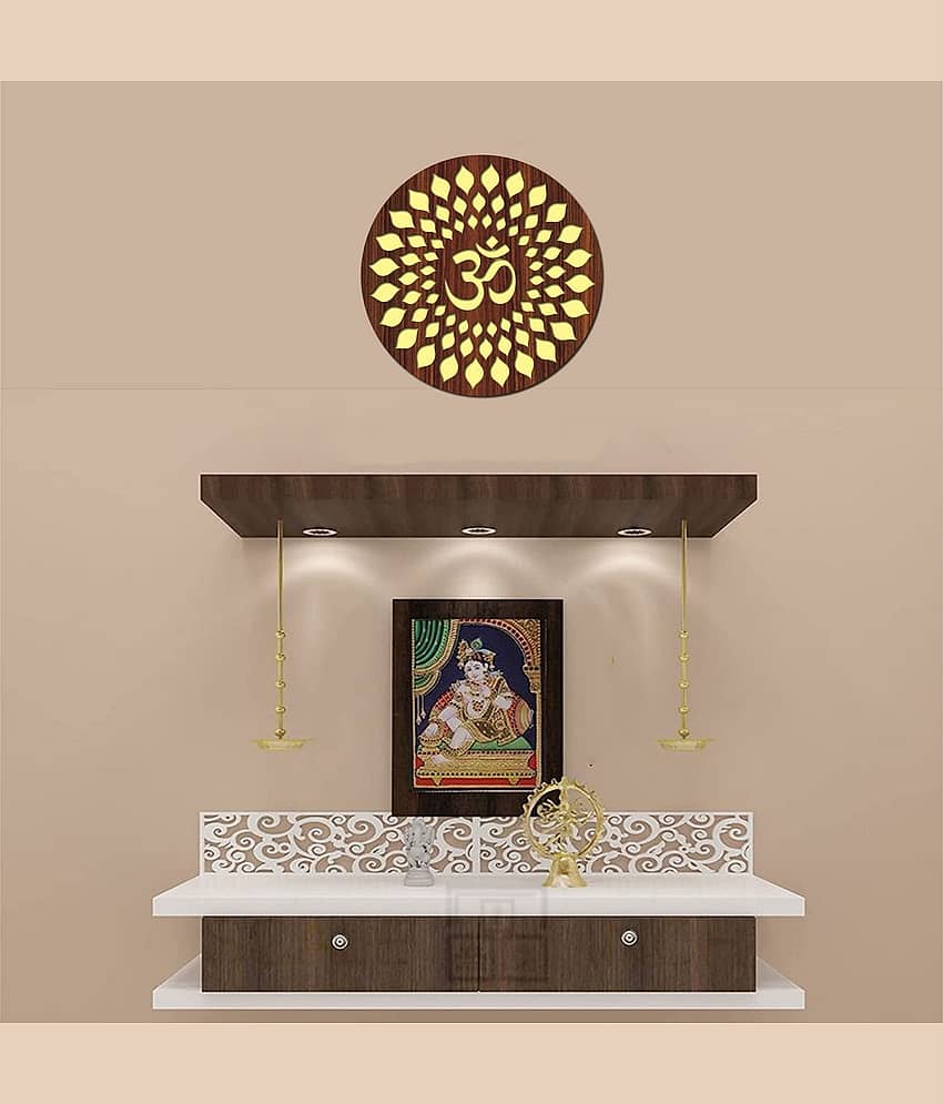 Asmi Collection Brown and Golden Wooden & Acrylic 3D OM Wall Sticker ( 30 x 30 cms ) view 2