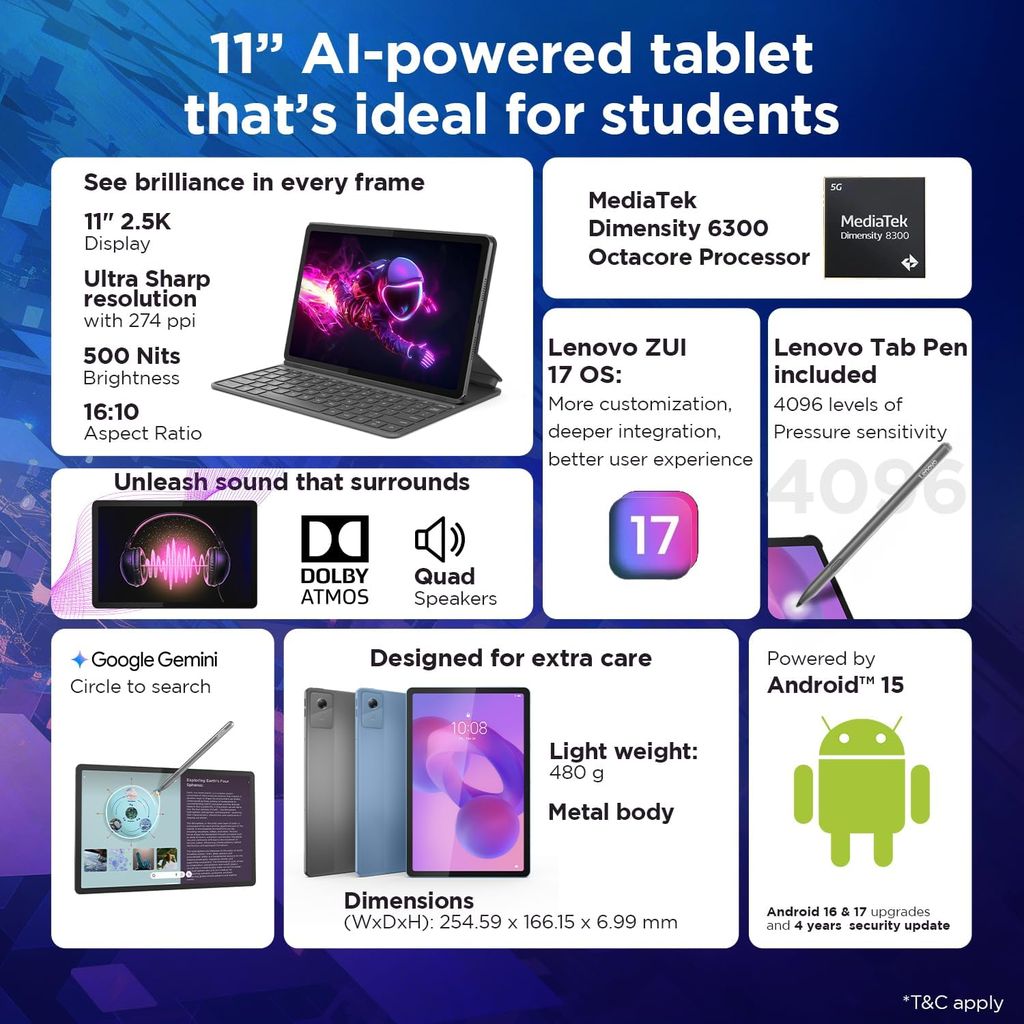 Lenovo Idea Tab with Folio Keyboard + Tab Pen | Wi-Fi + 5G |11" Display, 2.5K Resolution, 90Hz Refresh|8GB RAM, 256GB ROM| MediaTek Dimensity 6300| 7040mAh|4 Speakers| USB-C| Luna Grey view 2