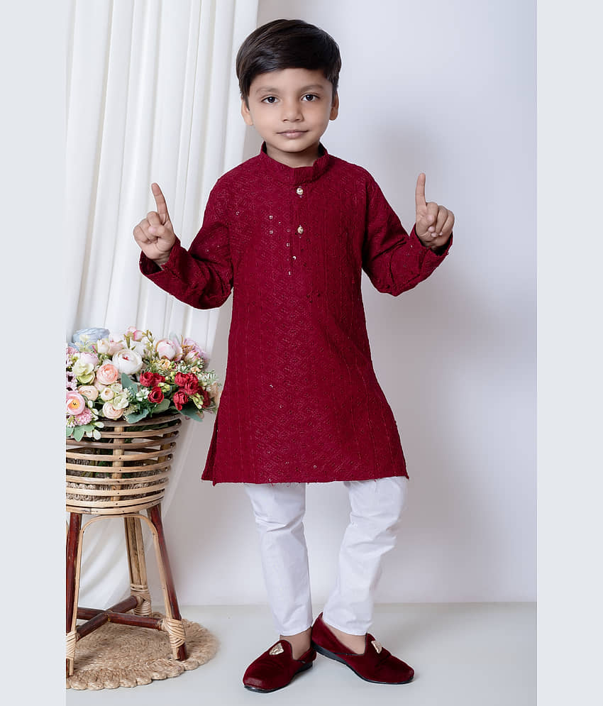 New Collection Boys Chanderi Sequined - Pattern Kurta Pant Set ( Dark Blue , Pack of 1 )