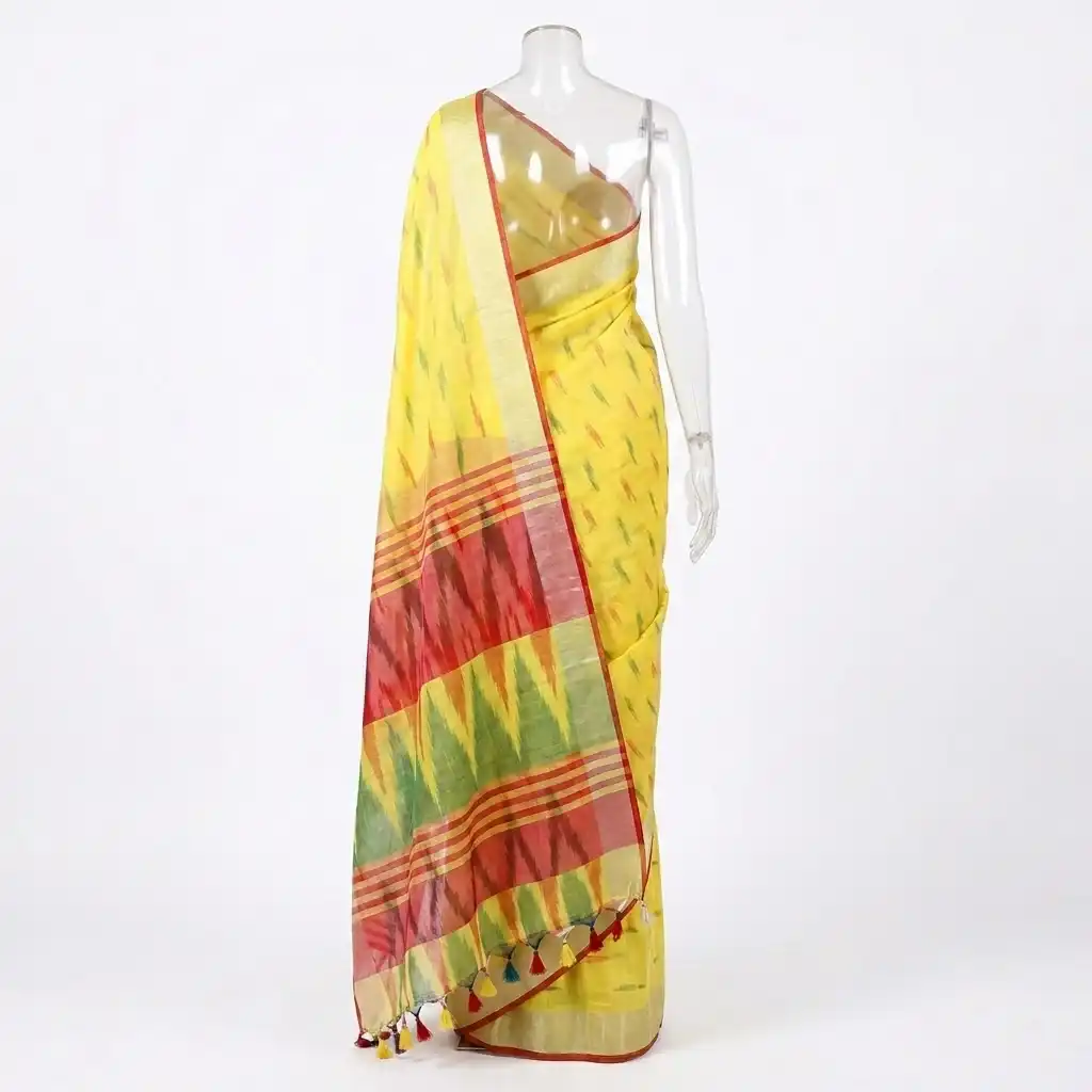 Yellow Printed Odisha Handloom Saree | Ethnic Woven Cotton view 2