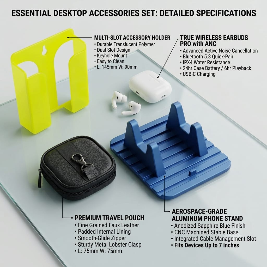 Mobile Accessories Combo Set with TrueWireless Earbuds, Leather Pouch for Earbuds and Table Mobile Stand, Wall Mount Mobile Stand view 2