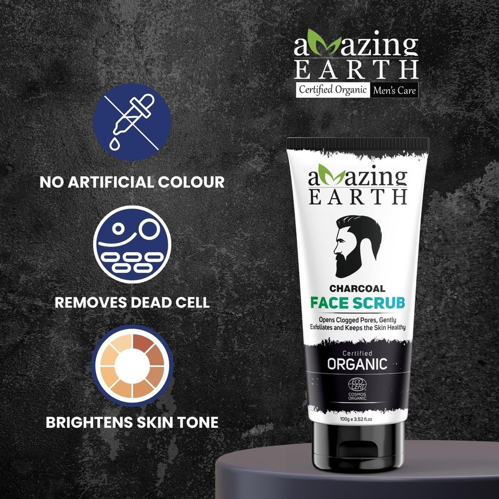 AMAzing EARTH Activated Charcoal Face Scrub for Men - Certified Organic with Neem & Olive Oil, Opens Clogged Pores Blackhead Remover, Oil Control, Silicon & Paraben Free, Cruelty Free & Vegan - 100 gm view 2