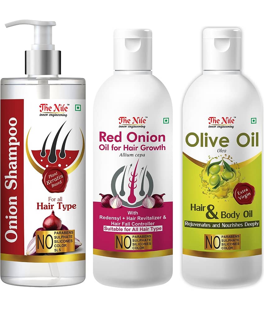 The Nile Red Onion Shampoo 200 ML + Red Onion Oil 100 ML + Olive 100 ML Shampoo 400 mL Pack of 3
