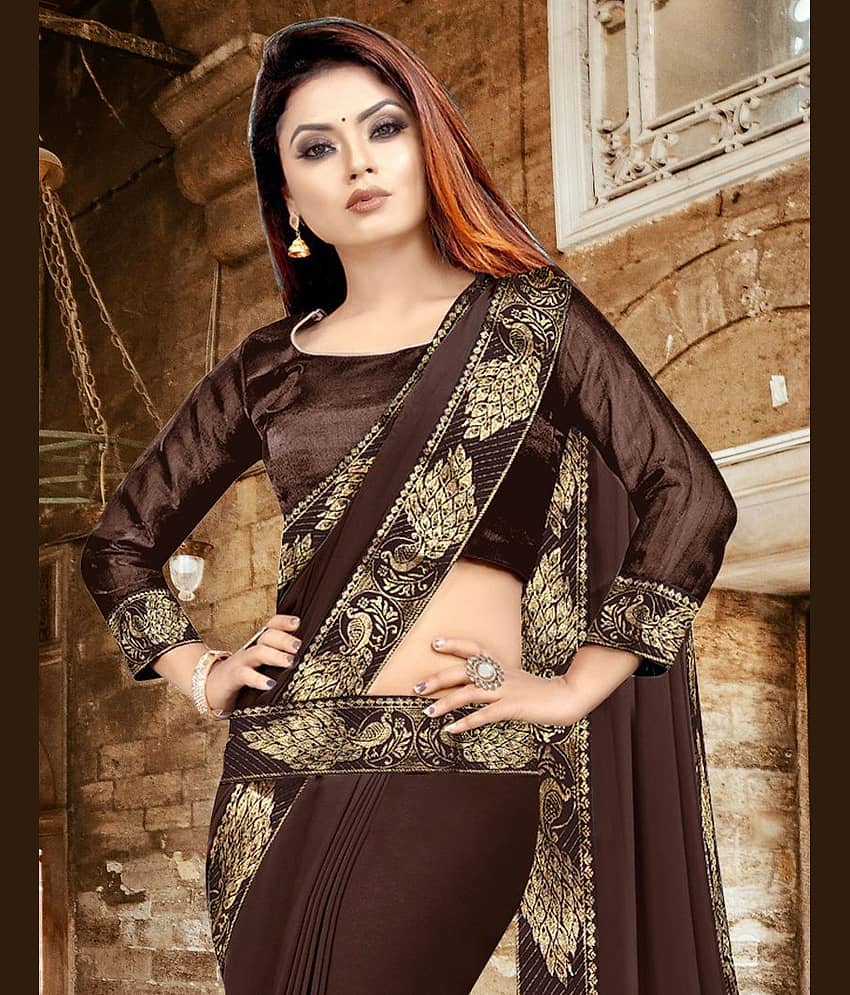 WXW Fashion Lycra Embroidered Regular Saree With Unstitched Blouse Piece ( Brown )