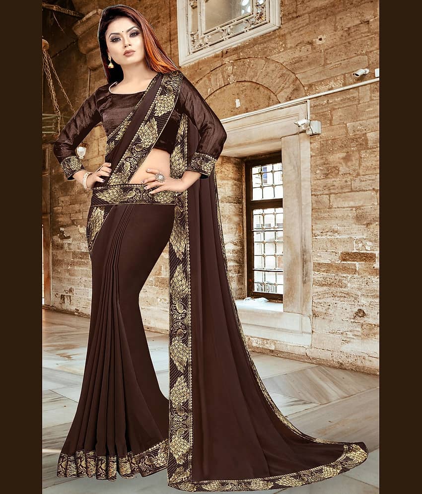 WXW Fashion Lycra Embroidered Regular Saree With Unstitched Blouse Piece ( Brown ) view 2