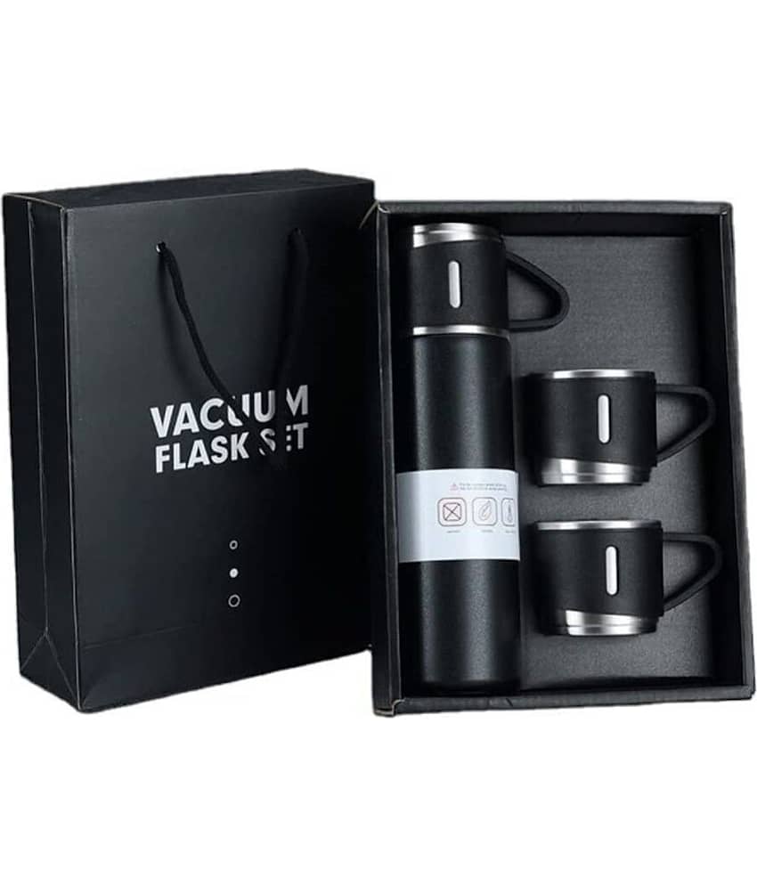 Jellify 500ml Stainless Steel Black Vacuum Insulated Thermos Flask Water Bottle with 3 Tea Cups Set with Gift Box view 2