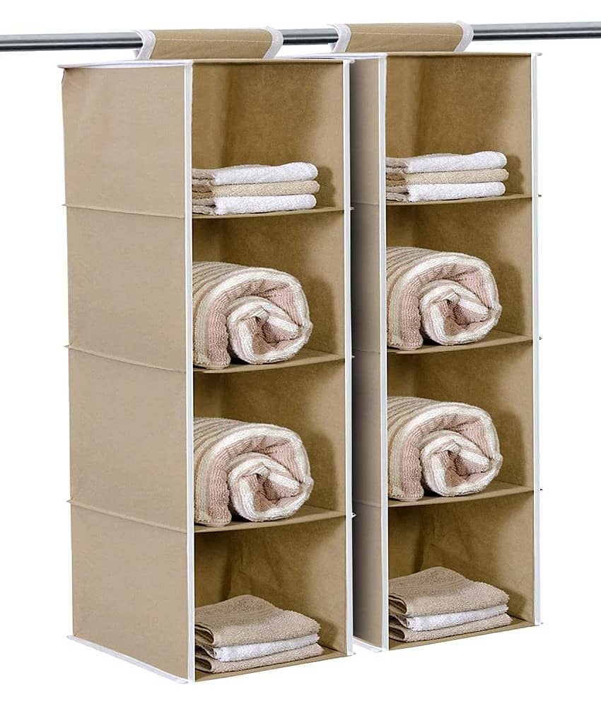 4 Shelf Closet Hanging Organizer,Wardrobe Organizer Clothes Storage Hanger for Family Closet Bedroom, Foldable and Universal Fit (Beige) Pack OF 2