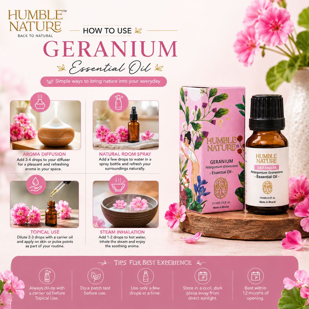 Humble Nature Geranium Essential Oil 15ml | Steam Distilled Natural Plant Extract | Premium Aromatherapy Oil for Diffuser, Massage, Skin Care, Hair Care & Home Fragrance view 2