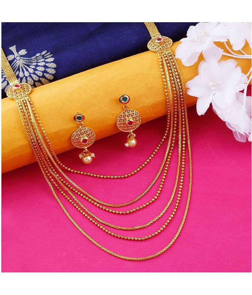 N M CREATION Alloy Golden Traditional Necklaces Set Long Haram view 2